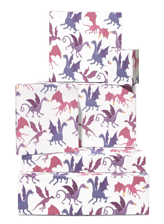CENTRAL 23 Dragon Wrapping Paper - Boy Birthday & Baby Shower - 6 Sheets White Gift Wrap - Comes With Fun Stickers - Recyclable